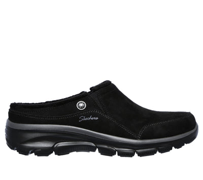 Skechers Women's Clogs - Relaxed Fit: Easy Going - Latte-Twin Gore Open Back Suede Fur Slip-On Clogs with Air Cooled Insole Mule, Black, 10