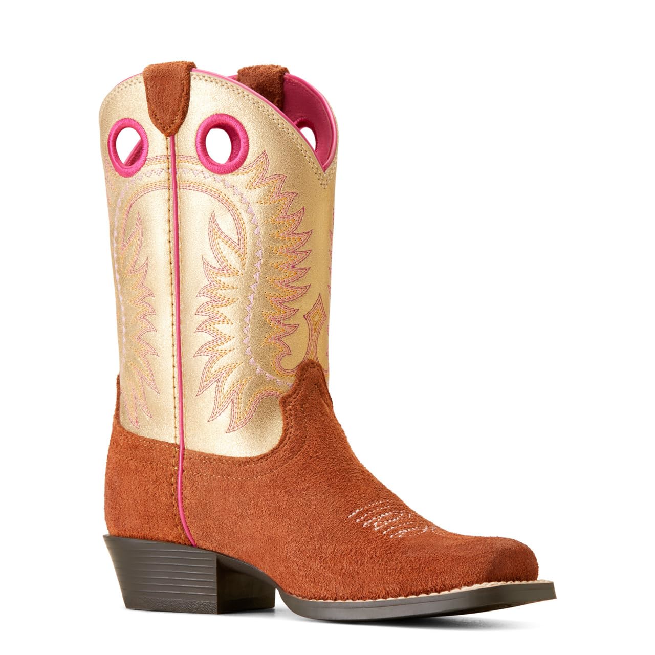 ARIAT Unisex-Kids Derby Monroe Western Boot - Terracotta Roughout/Royal Gold Metallic, 4.5 Medium