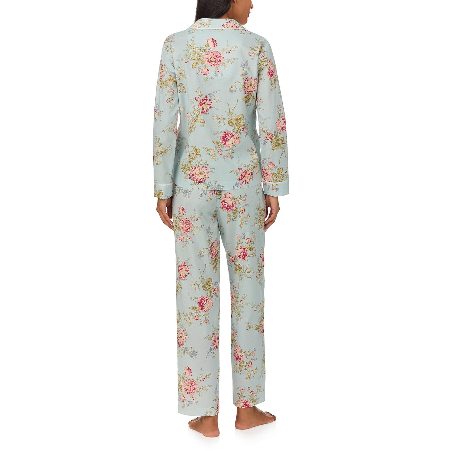 Lauren Ralph Lauren Womens Long Sleeve Woven Notch Collar Pajama Set Mint Floral M