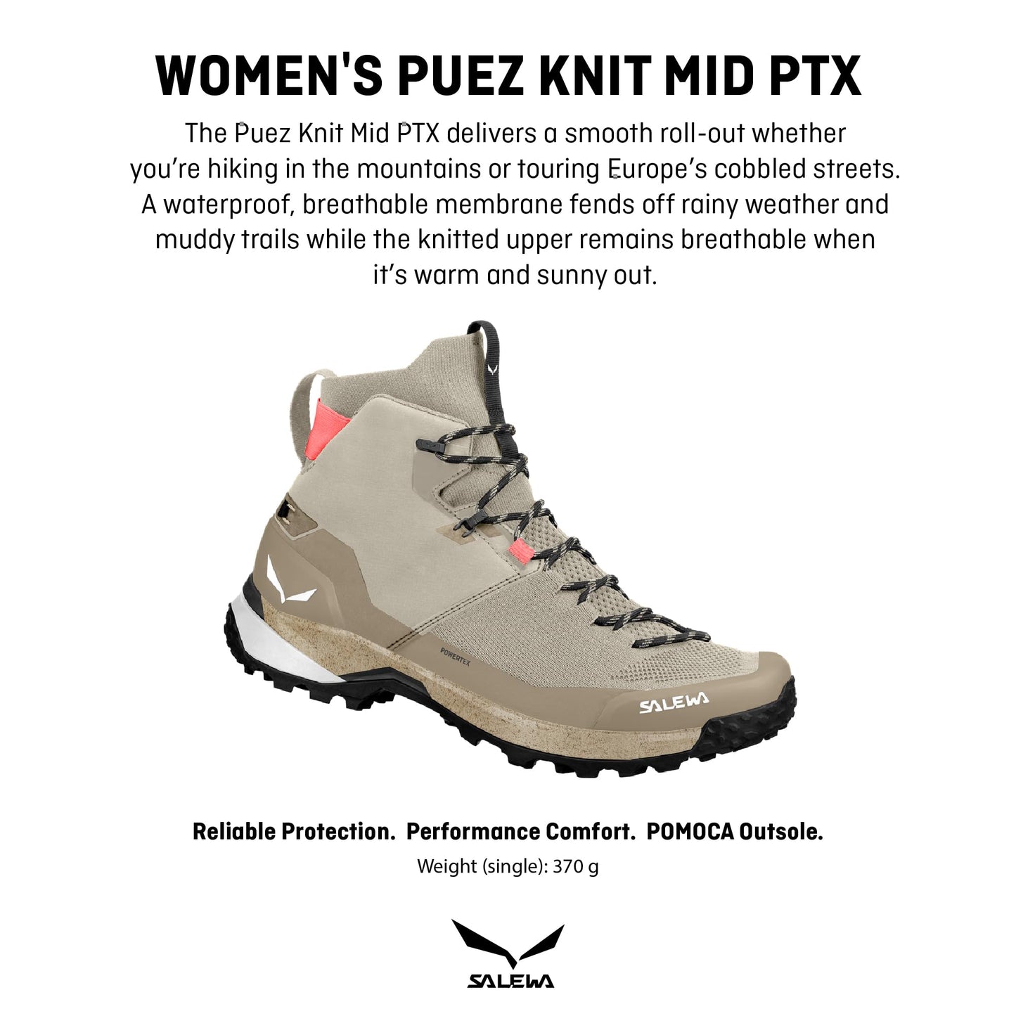 Salewa Women's Puez Knit Mid Powertex Waterproof Trail Boot for Hiking & Trekking - Oatmeal/Quicksand - 9