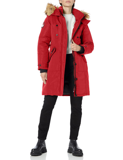 Canada Weather Gear Women's Heavyweight Long Parka Jacket, RED/Natural, Medium