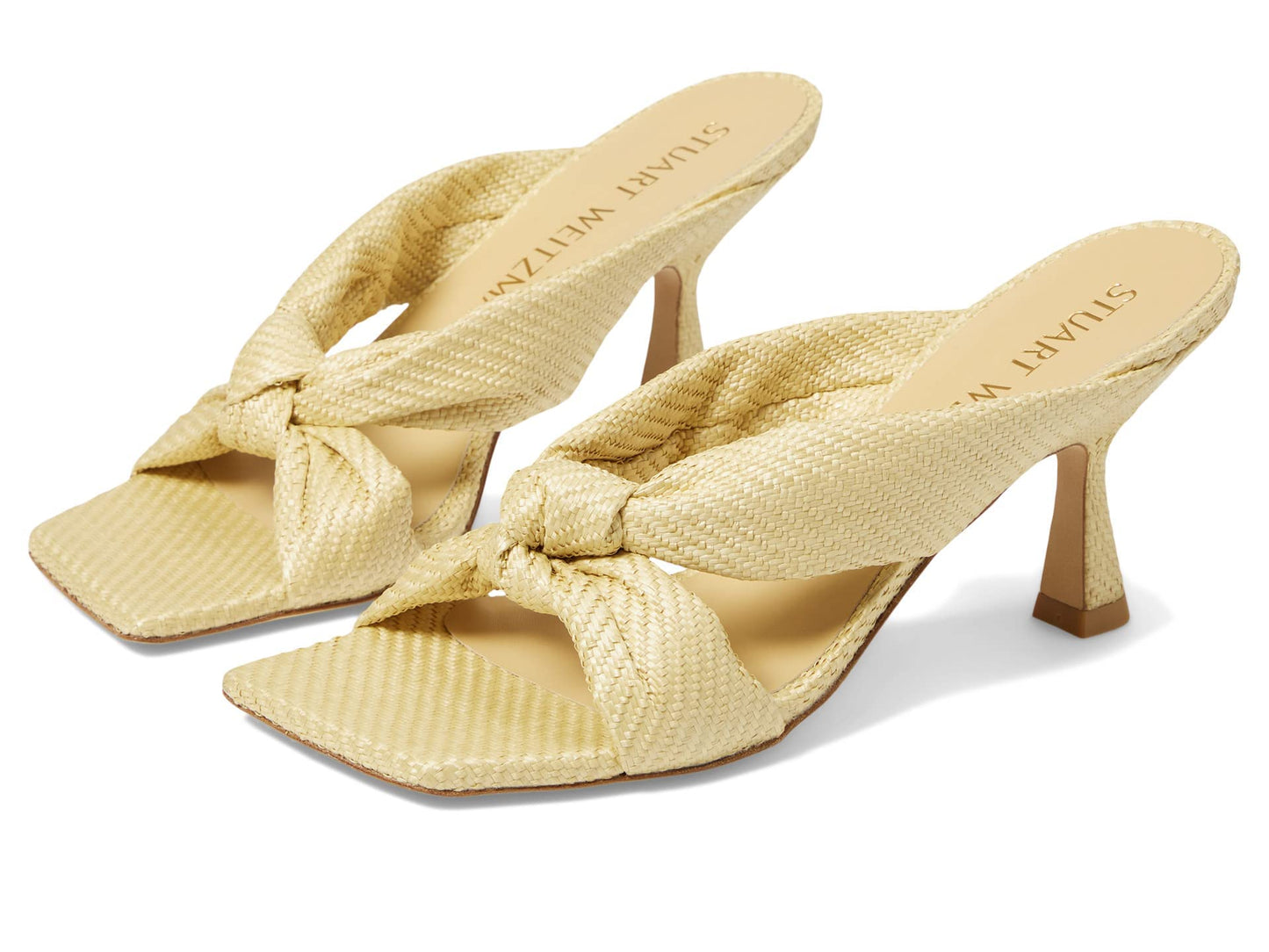 Stuart Weitzman Playa 75 Knot Sandal for Women - Sculptural Heel, Voluminous Knotted Detail, and Lacquered Nappa Leather Footwear Wheat 6.5 M
