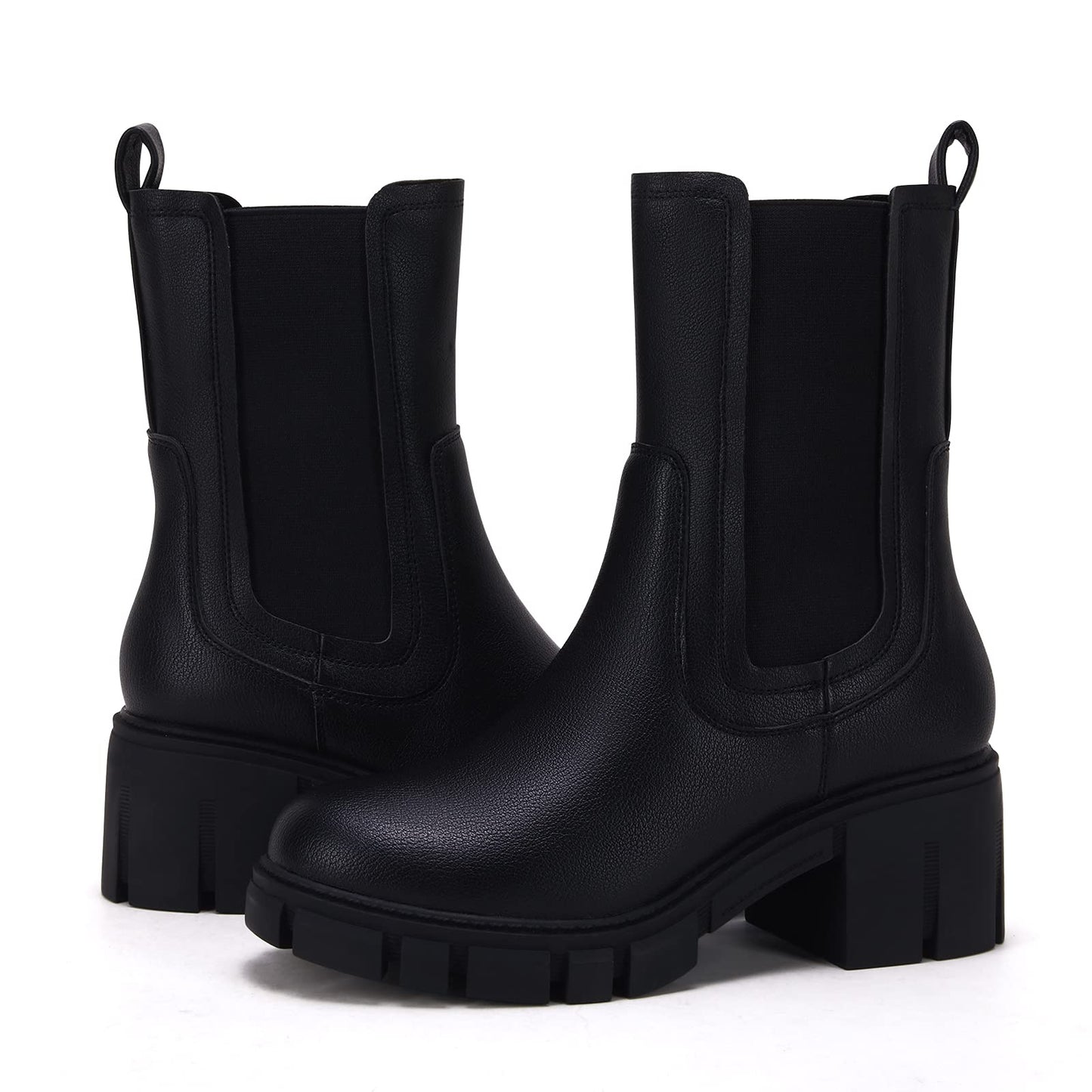 TINSTREE Mid Calf Boots for Women Black, Juniors Platform Dressy Sweater Chelsea Boots Platform Booties with Chunky Block Heels Vegan Black,08