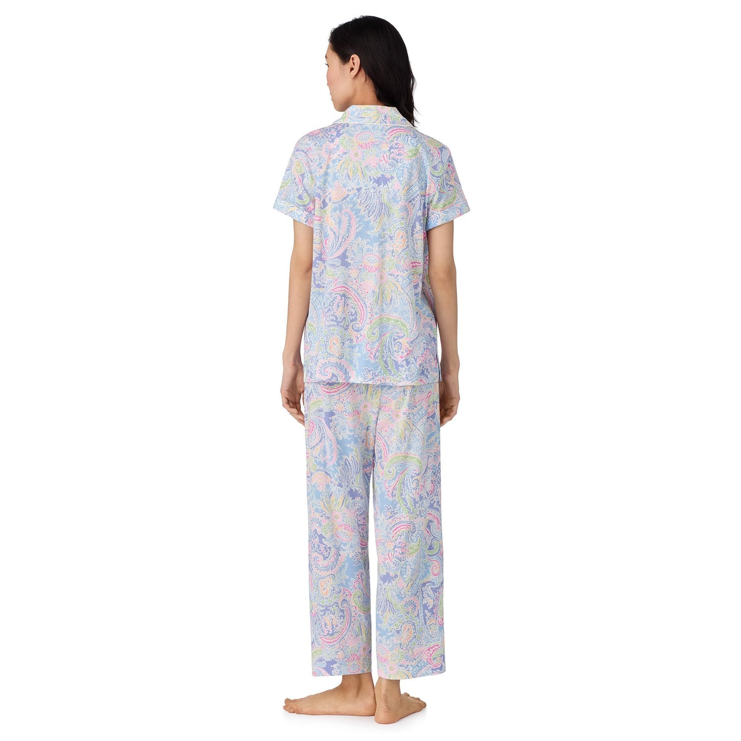 Lauren Ralph Lauren Womens Short Sleeve Notch Collar Cropped Pants PJ Set Blue Paisley LG (US 12-14) One Size