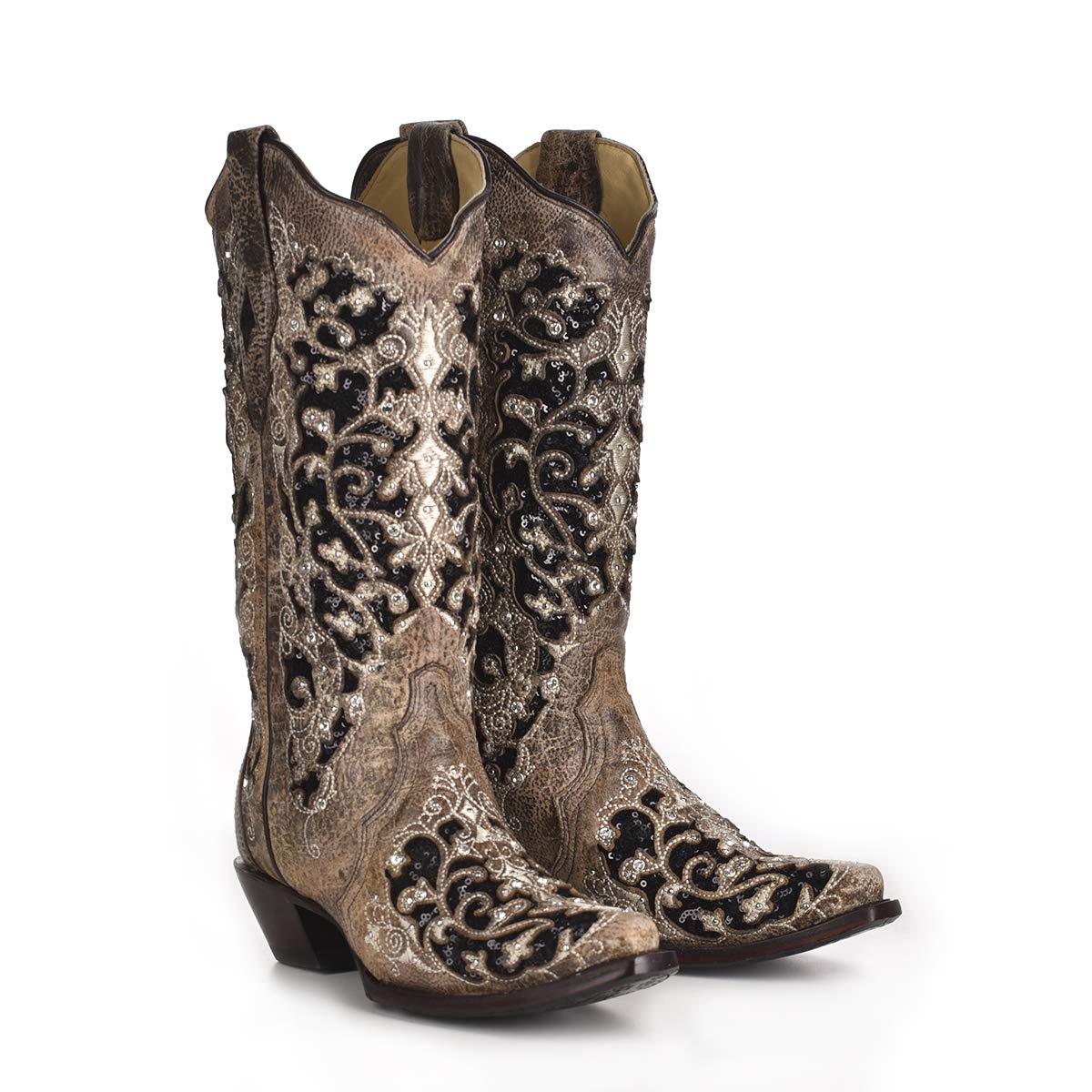 Corral Boots Women's Black Floral Western Boots | Snip Toe Cowboy Boots with Glitter Inlay, Crystal and Stud Embellishments