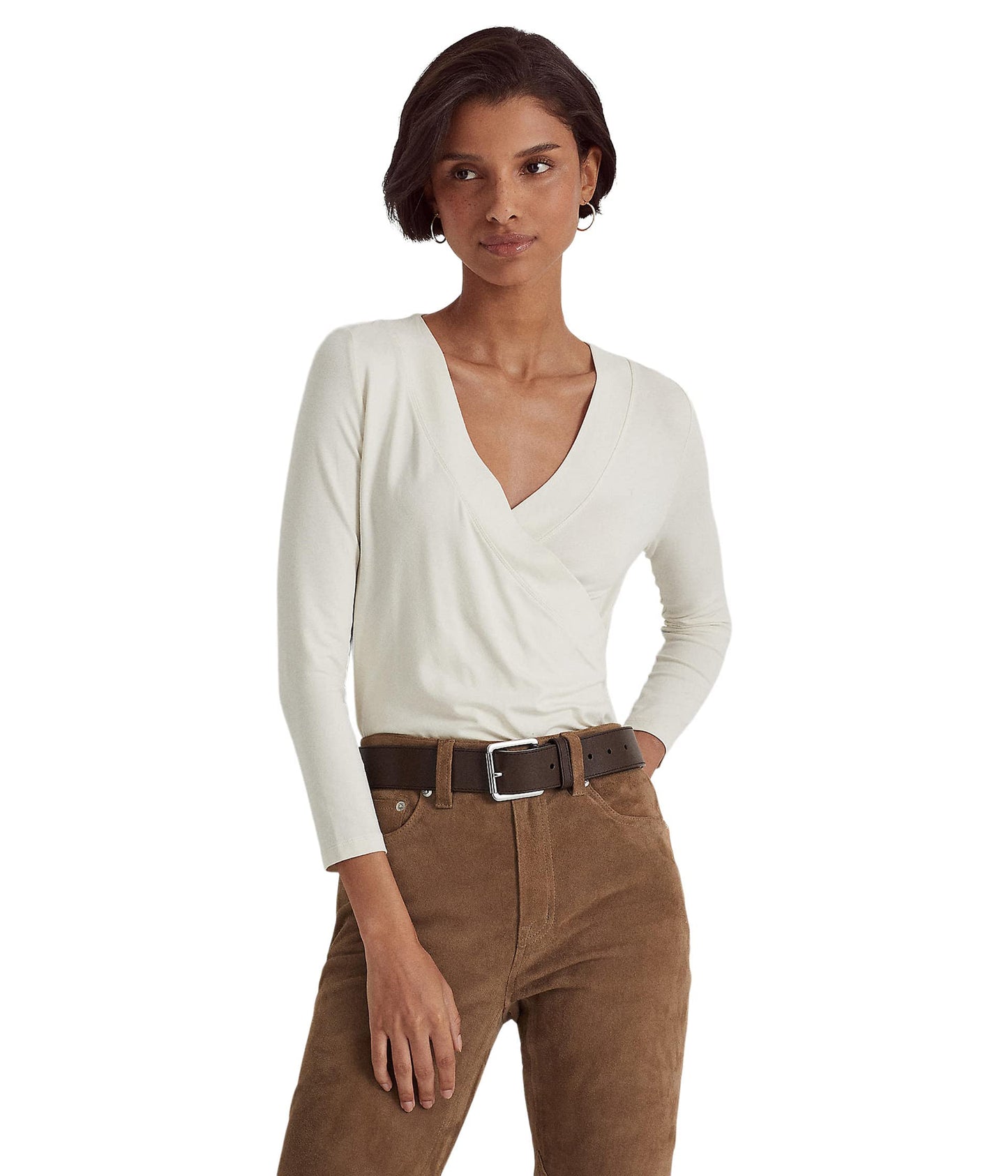 Lauren Ralph Lauren Womens Ruched V -Neck Wrap Top Ivory M