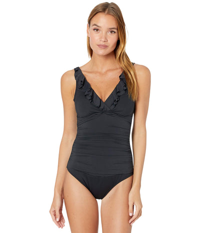 Lauren Ralph Lauren Beach Club Solid Ruffle Surplice One-Piece Black 16
