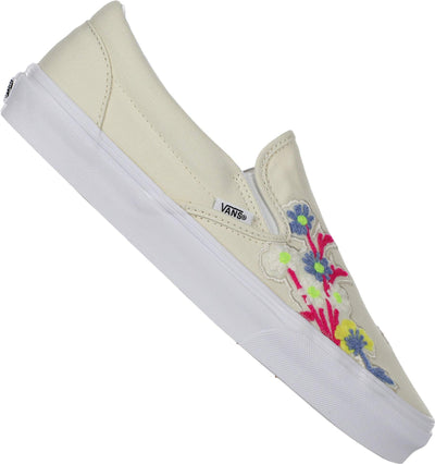 Vans Classic Slip-On Floral Chenille - Unisex Shoes - Elastic Tongue - Textile Upper - Rubber Outsole White Asparagus/True White Men's 8, Women's 9.5 Medium