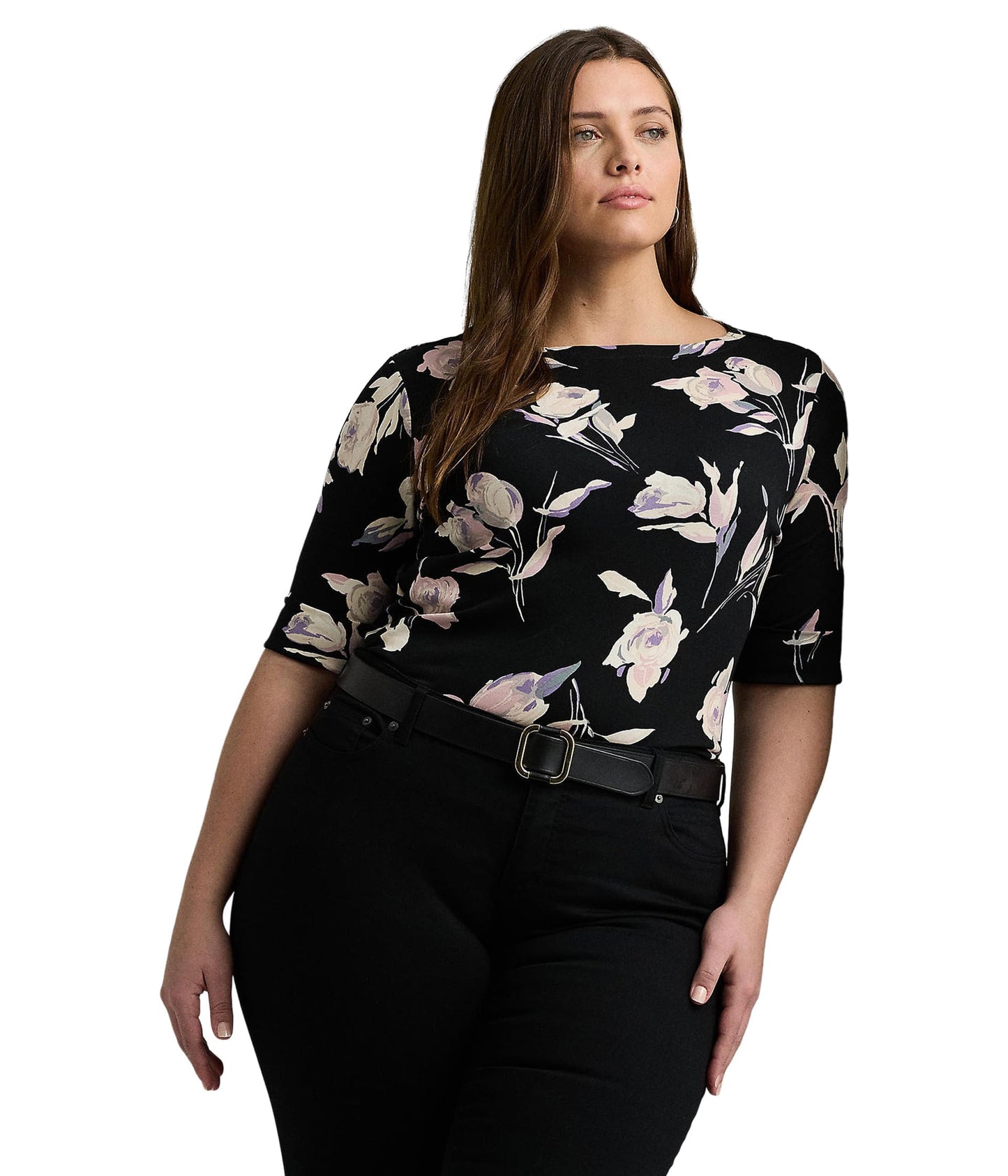 Lauren Ralph Lauren, Womens, Plus-Size Floral Stretch Cotton Boatneck Tee, Black/Cream Multi, 3X