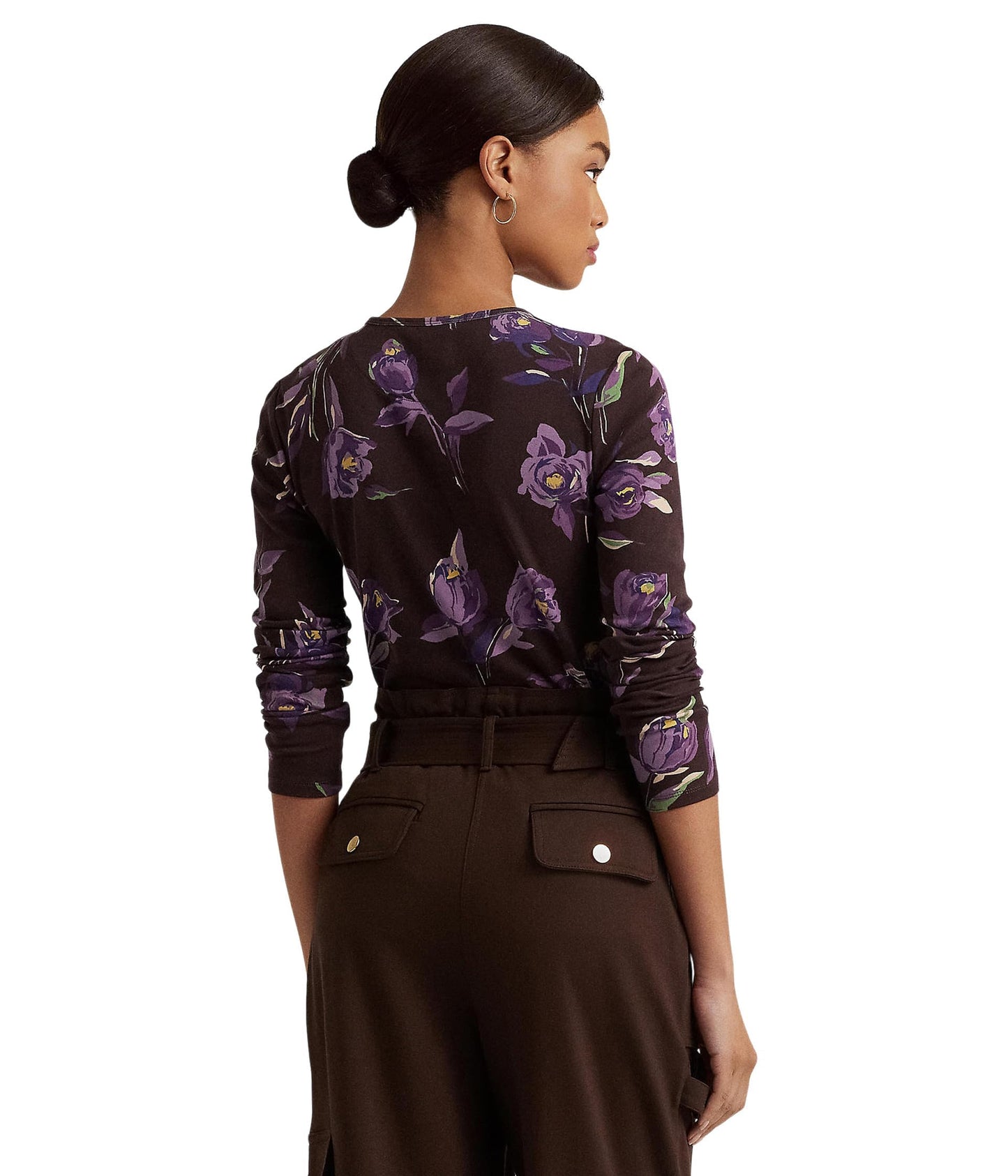 LAUREN Ralph Lauren Petite Floral Cotton Long Sleeve Tee Brown/Purple/Multi PXS