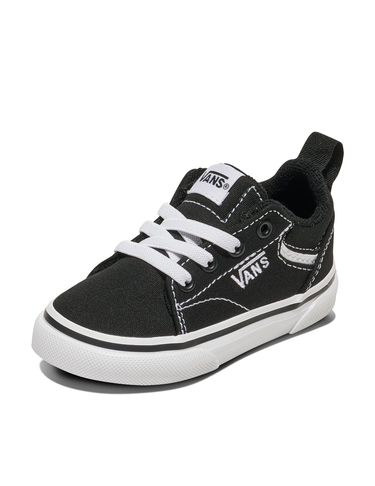 Vans Toddler Seldan Slip-On Shoe | Little Kids' Retro Tennis Inspired Sneakers for Boys & Girls, Black/White, 6.5