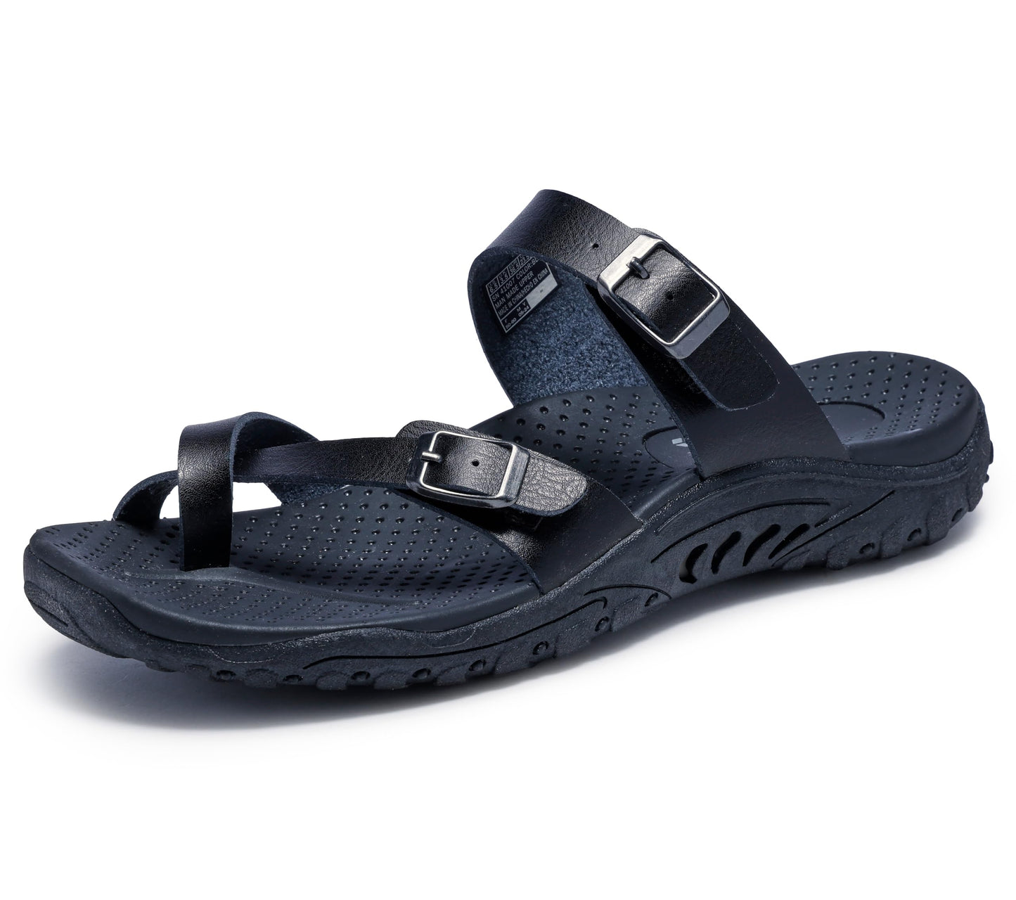 Skechers Women's REGGAE-CARRIBEAN - Double Buckle Toe Thong Slide Sandal, black, 8 M US