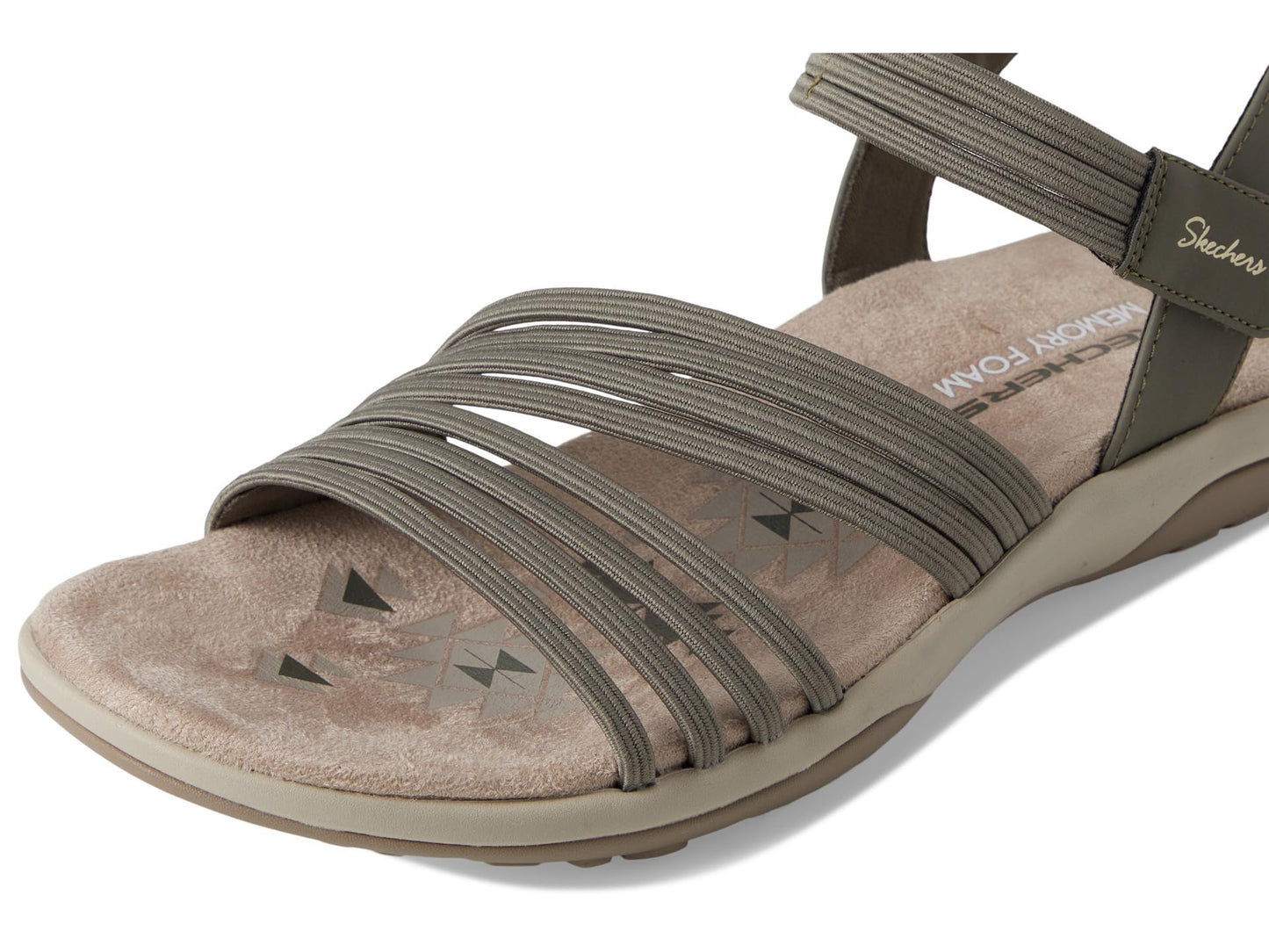 Skechers Women's REGGAE SLIM - COFFEE RUN, Adjustable Stretch Gore Sling Back Sandal, Olive, 8M