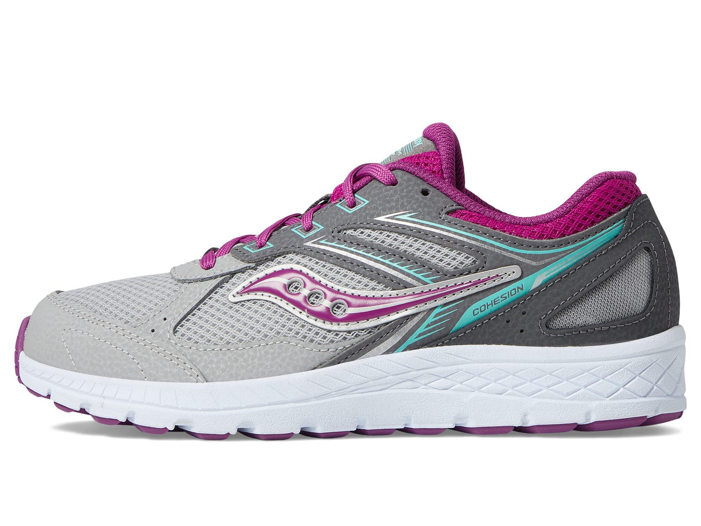 Saucony Cohesion 14 Lace to Toe Running Shoe, Grey/Magenta/Turq, 1.5 US Unisex Big Kid