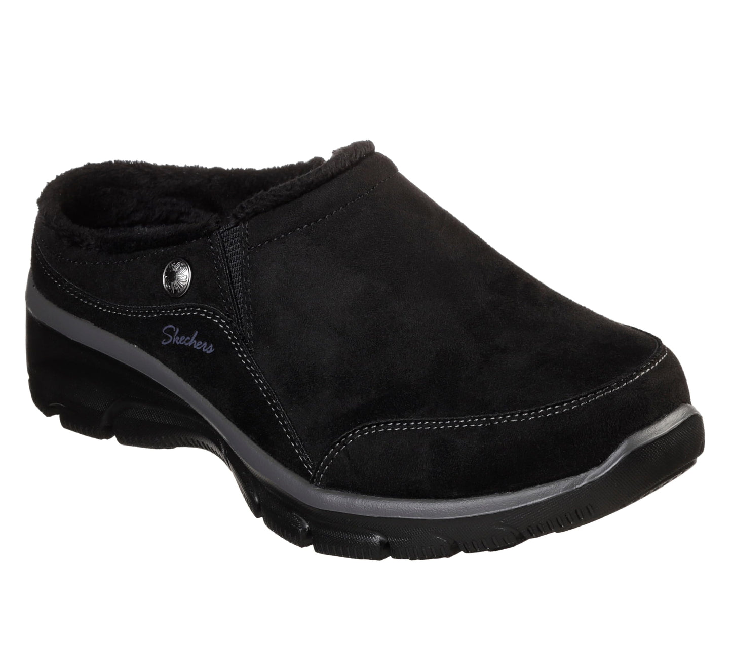 Skechers Women's Clogs - Relaxed Fit: Easy Going - Latte-Twin Gore Open Back Suede Fur Slip-On Clogs with Air Cooled Insole Mule, Black, 10