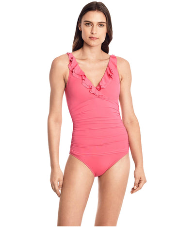 Lauren Ralph Lauren Beach Club Solid Ruffle Surplice One-Piece Blossom 12
