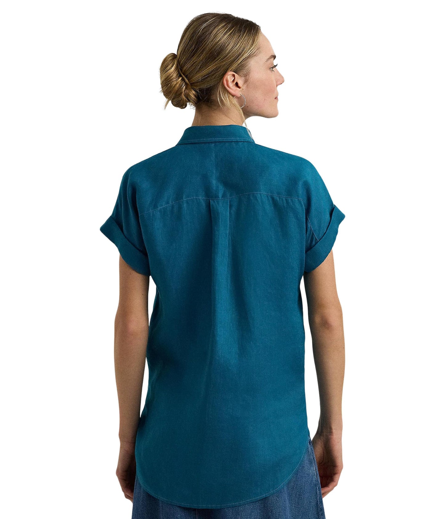 Lauren Ralph Lauren Womens Relaxed Fit Linen Short-Sleeve Shirt Turquoise Sky Small