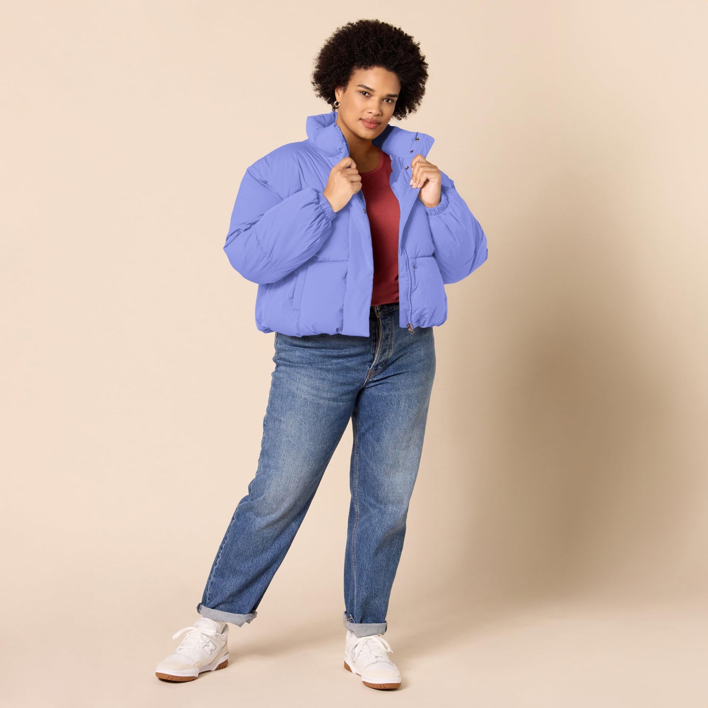 Amazon Essentials Women's Cropped Full-Zip Puffer Jacket (Quilted Matte or Sherpa Fleece), Purple Blue, Large