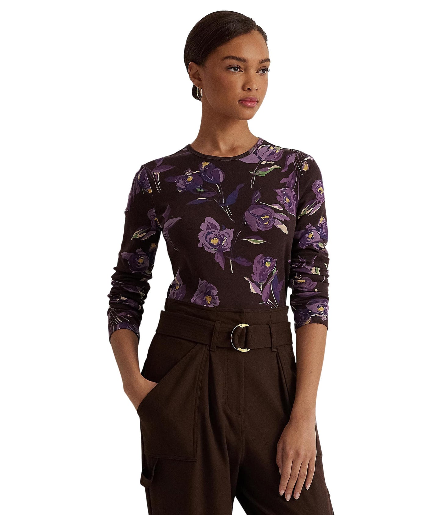 LAUREN Ralph Lauren Petite Floral Cotton Long Sleeve Tee Brown/Purple/Multi PXS