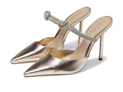 SCHUTZ Women's Pearl Pin Heel Mule, Platina/Crystal, 8