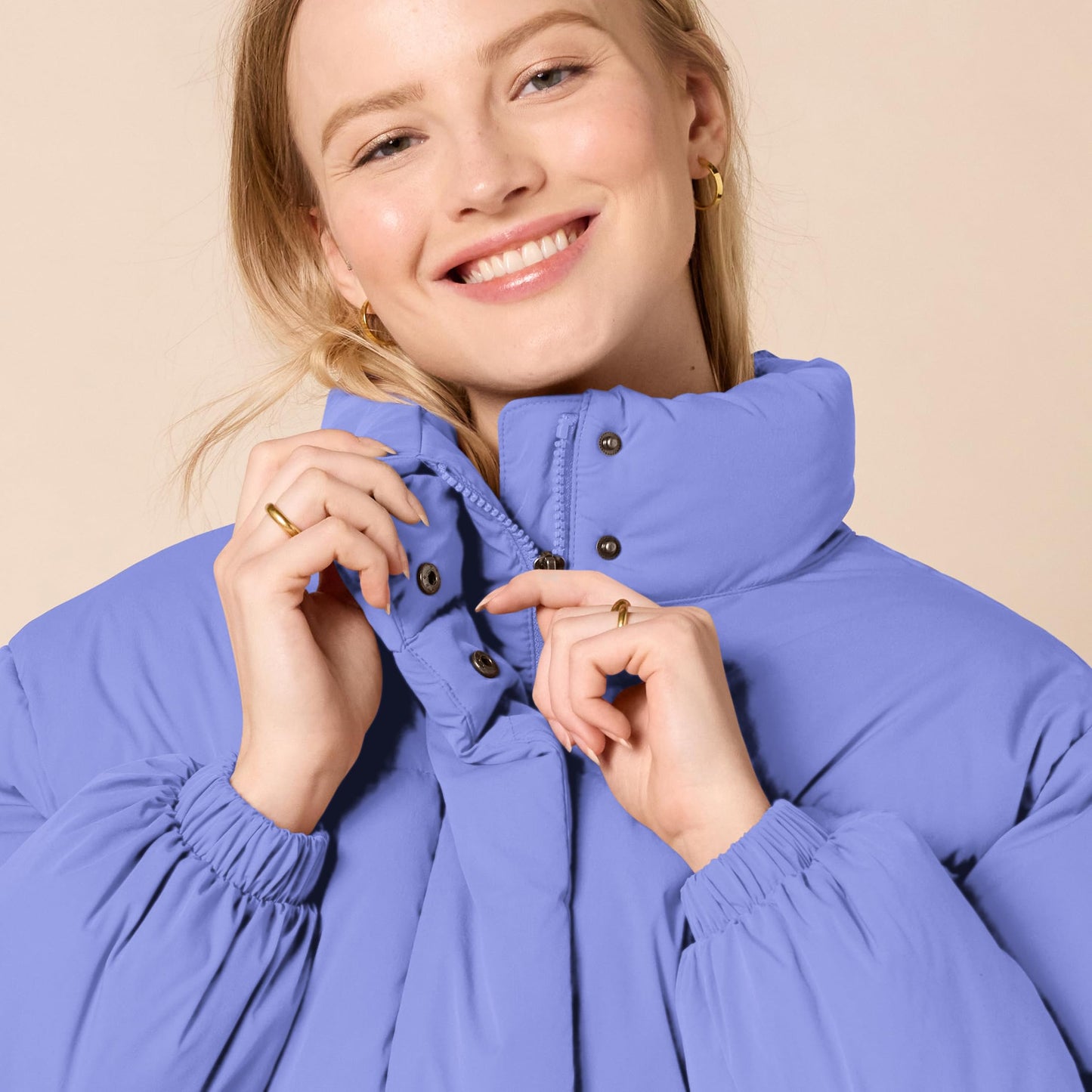 Amazon Essentials Women's Cropped Full-Zip Puffer Jacket (Quilted Matte or Sherpa Fleece), Purple Blue, Large