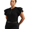Lauren Ralph Lauren Plus-Size Stretch Cotton Flutter-Sleeve Henley Top Black 1X