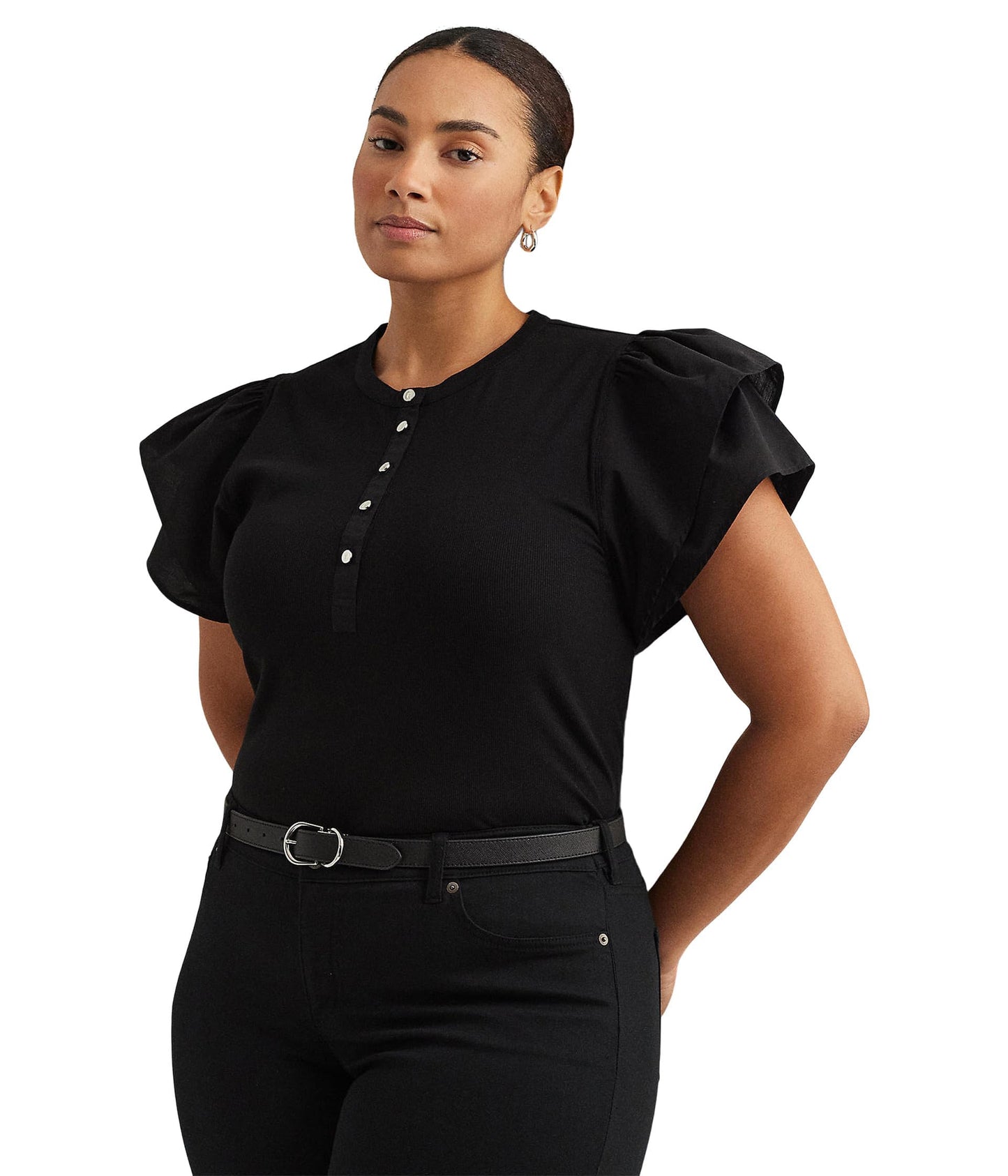 Lauren Ralph Lauren Plus-Size Stretch Cotton Flutter-Sleeve Henley Top Black 1X
