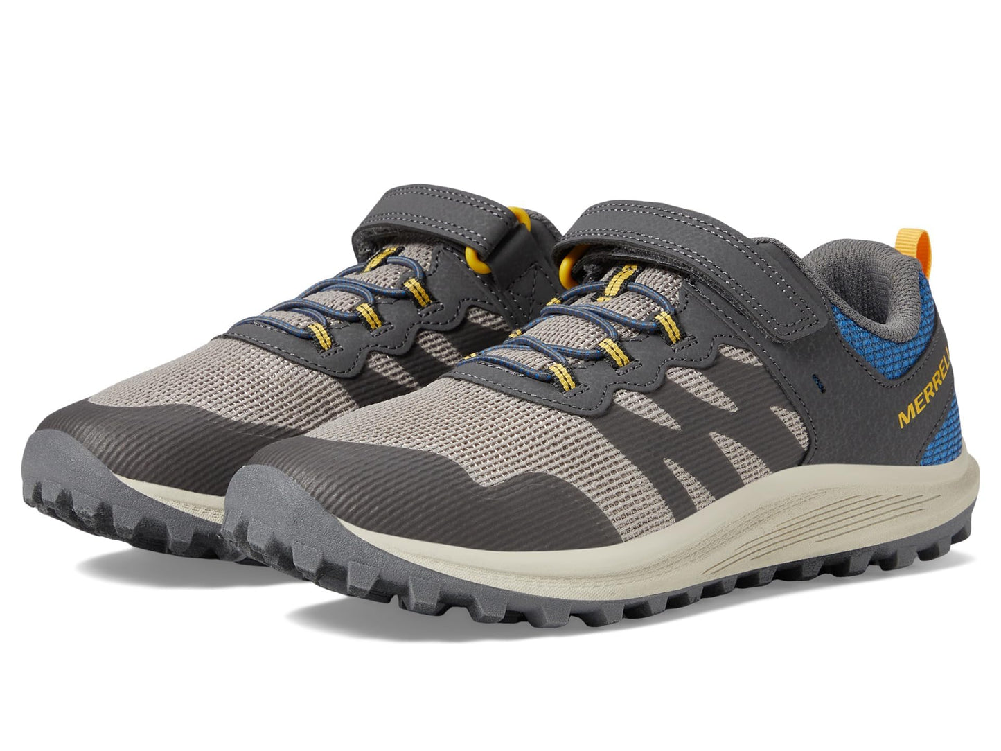 Merrell® Nova 3 Kids Shoes – Ideal for Little and Big Kids – Synthetic Upper – Bungee Lace Closure – Round Toe Grey/Blue/Gold 13.5 Little Kid M