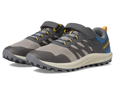 Merrell® Nova 3 Kids Shoes – Ideal for Little and Big Kids – Synthetic Upper – Bungee Lace Closure – Round Toe Grey/Blue/Gold 13.5 Little Kid M