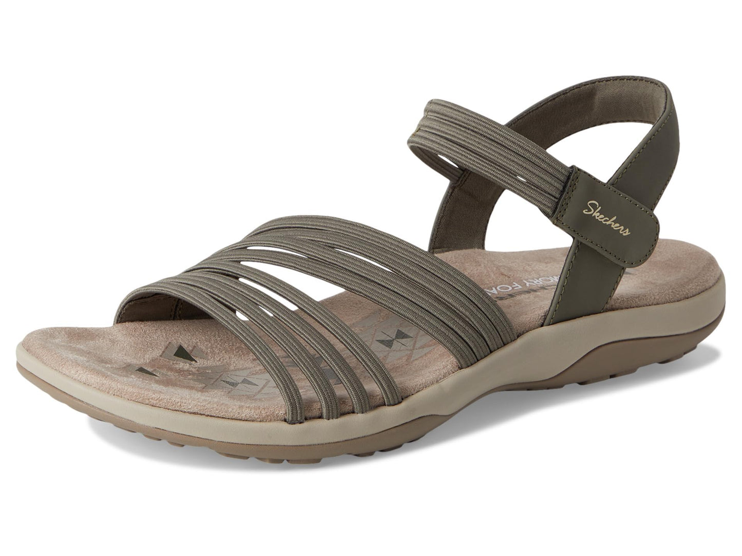 Skechers Women's REGGAE SLIM - COFFEE RUN, Adjustable Stretch Gore Sling Back Sandal, Olive, 8M