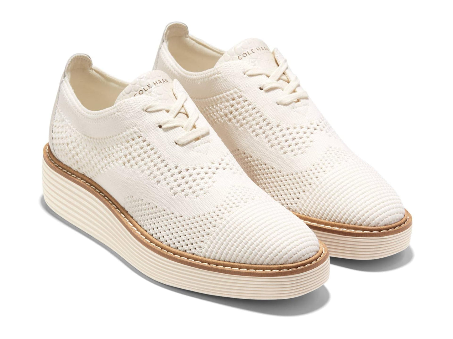 Cole Haan Womens Original Grand Platform Stitchlite Oxford Optic White/Silver Knit 7.5 B - Medium