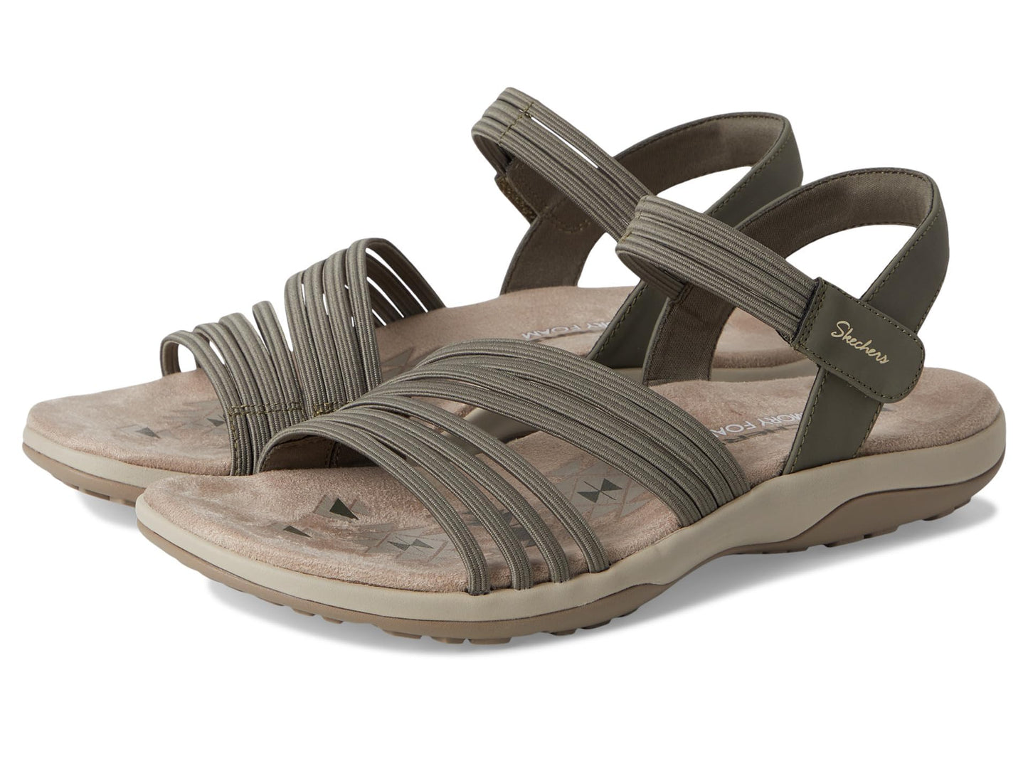 Skechers Women's REGGAE SLIM - COFFEE RUN, Adjustable Stretch Gore Sling Back Sandal, Olive, 8M