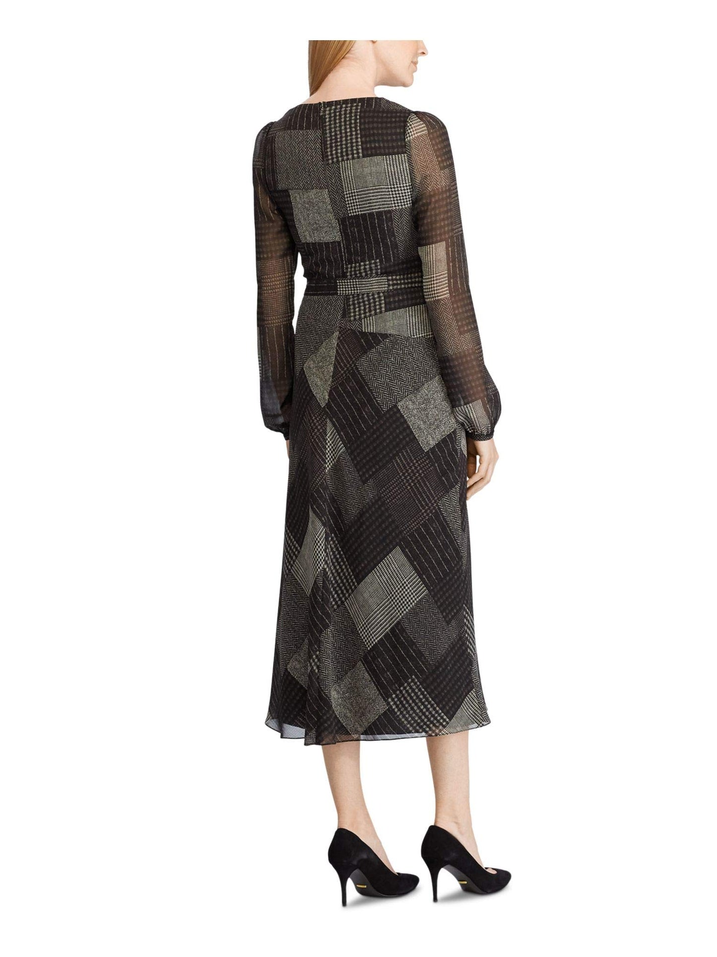 LAUREN RALPH LAUREN Womens Franny Patchwork Faux Wrap Cocktail Dress Black 2