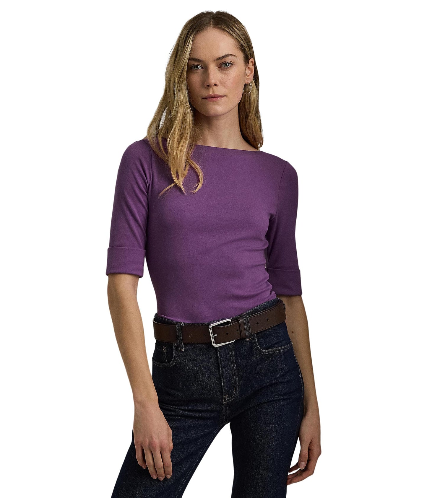 Lauren Ralph Lauren Womens Stretch Cotton Boatneck Tee Aurora Violet M