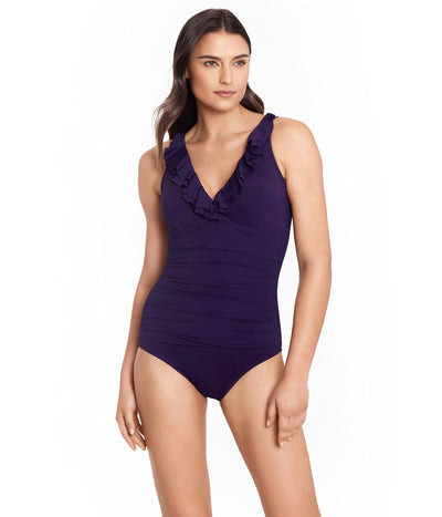 Lauren Ralph Lauren Beach Club Solid Ruffle Surplice One-Piece Eggplant 10