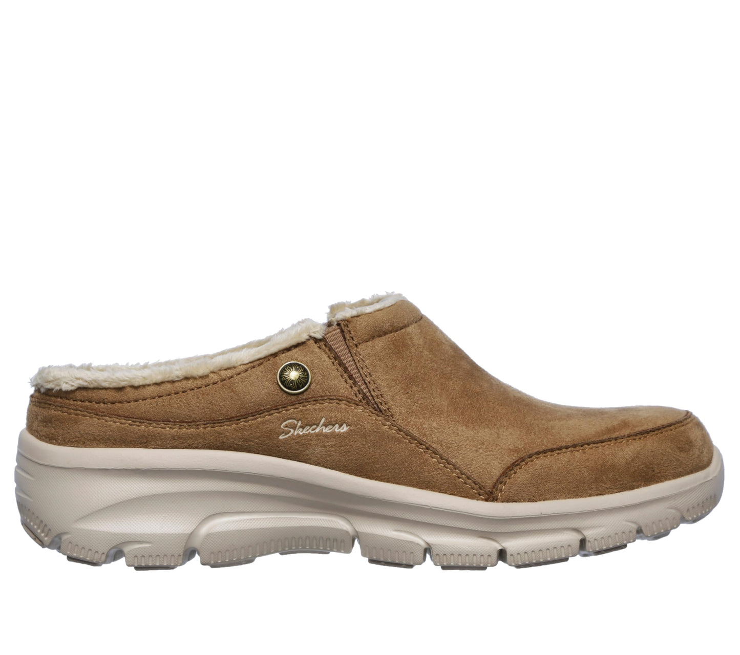 Skechers Women's Clogs - Relaxed Fit: Easy Going - Latte-Twin Gore Open Back Suede Fur Slip-On Clogs with Air Cooled Insole Mule, Tan, 11