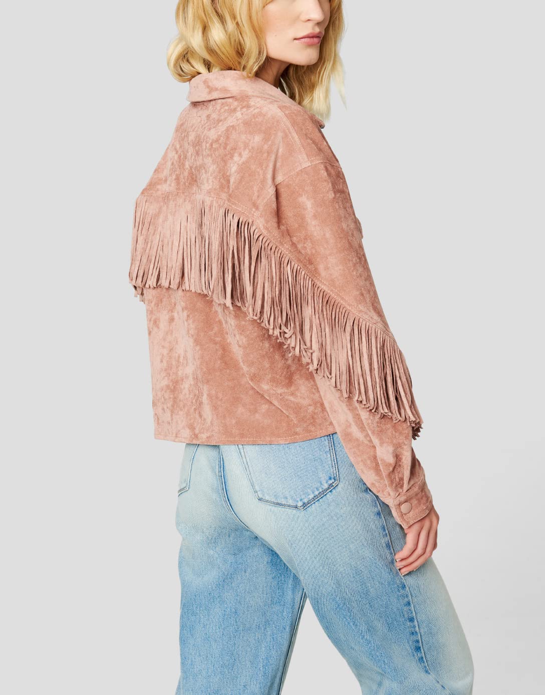 [BLANKNYC] Womens Luxury Clothing Faux Suede Fringe Shirt Jacket, Comfortable & Stylish Coat, Dusty Rose, Medium