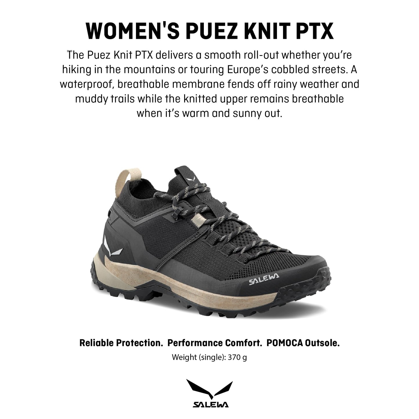 Salewa Women's Puez Knit Powertex Waterproof Trail Shoe for Hiking & Trekking - Black/Black - 7.5