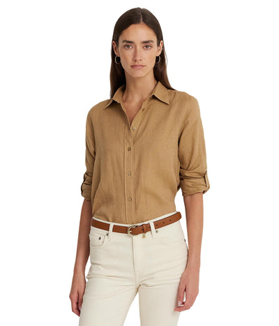 LAUREN Ralph Lauren Womens Petite Linen Shirt Spring Khaki PS