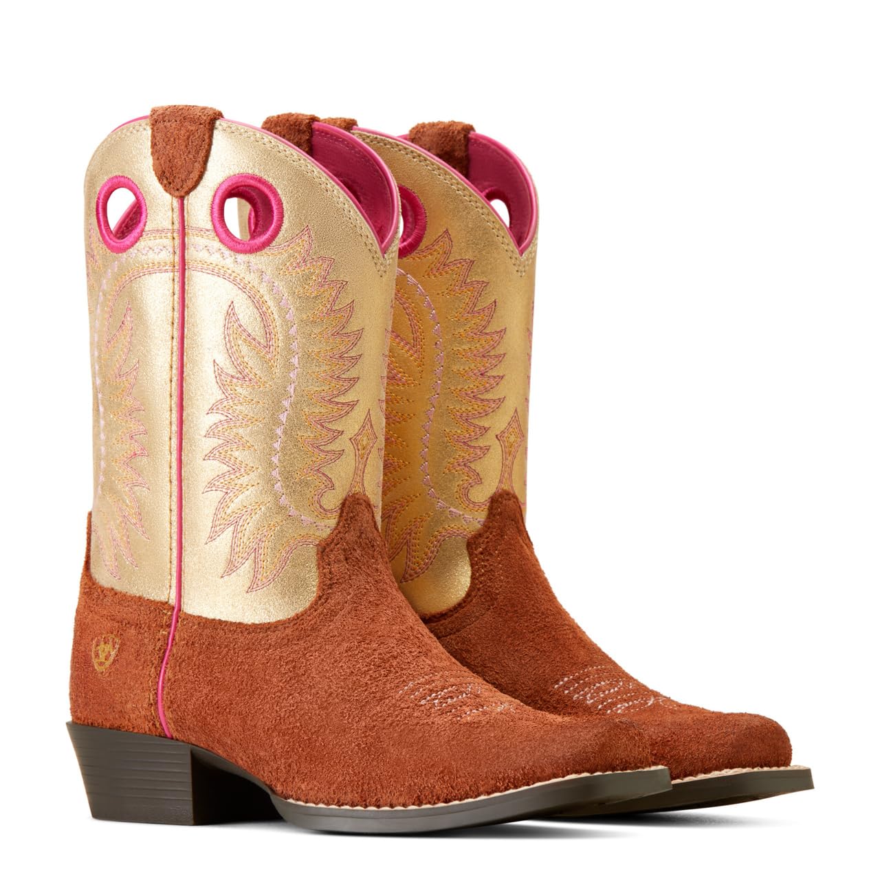 ARIAT Unisex-Kids Derby Monroe Western Boot - Terracotta Roughout/Royal Gold Metallic, 4.5 Medium