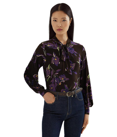 Lauren Ralph Lauren Women's Floral Stretch Jersey Tie-Neck Top Brown/Purple/Multi L