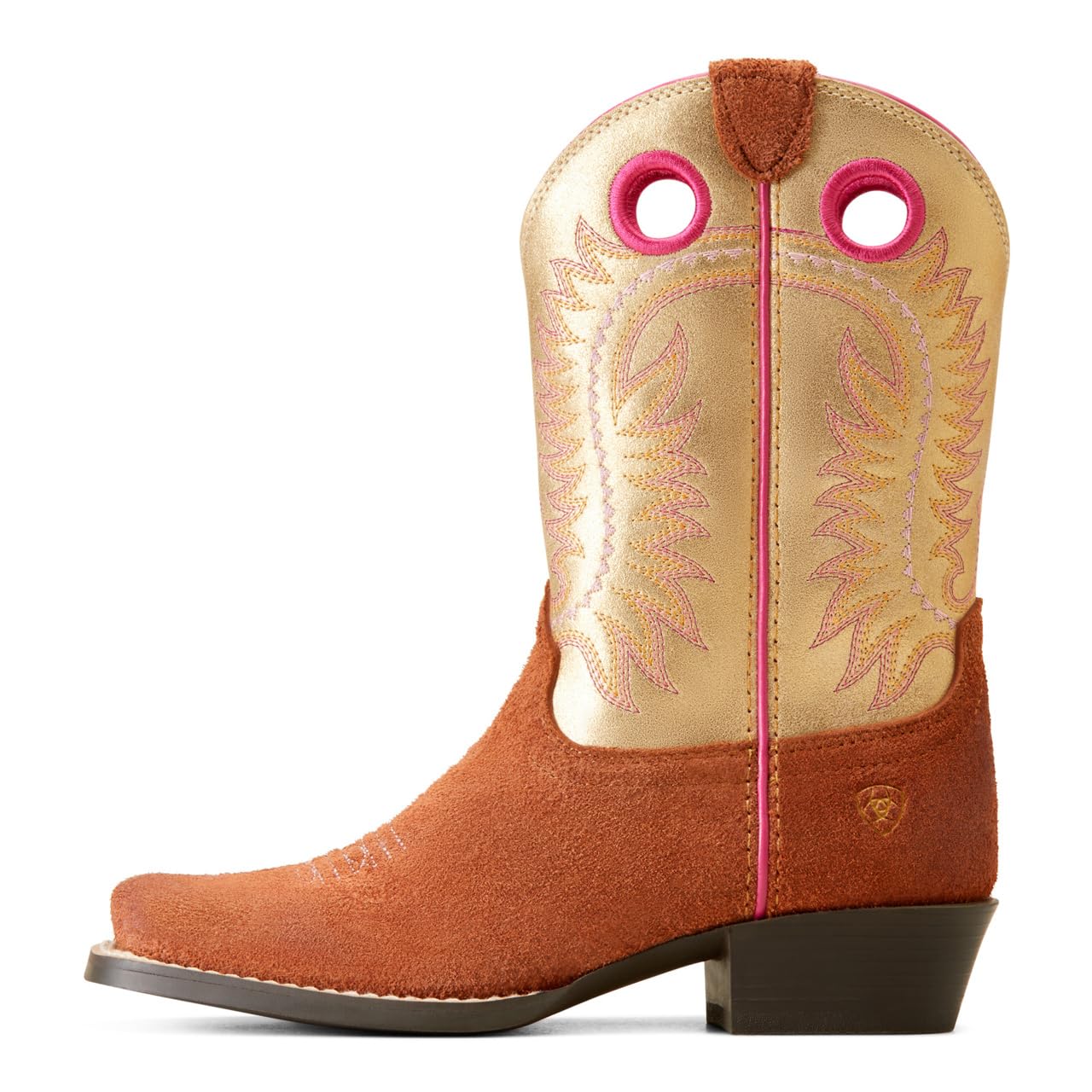 ARIAT Unisex-Kids Derby Monroe Western Boot - Terracotta Roughout/Royal Gold Metallic, 4.5 Medium