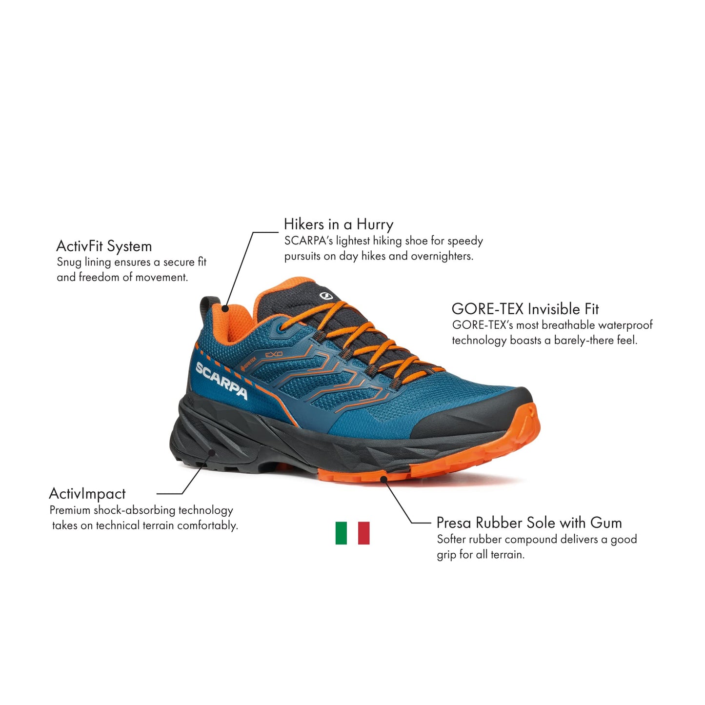 SCARPA Men's Rush 2 GTX Waterproof Gore-Tex Shoes for Hiking - Cosmic Blue/Orange - 10-10.5 Women/9-9.5 Men