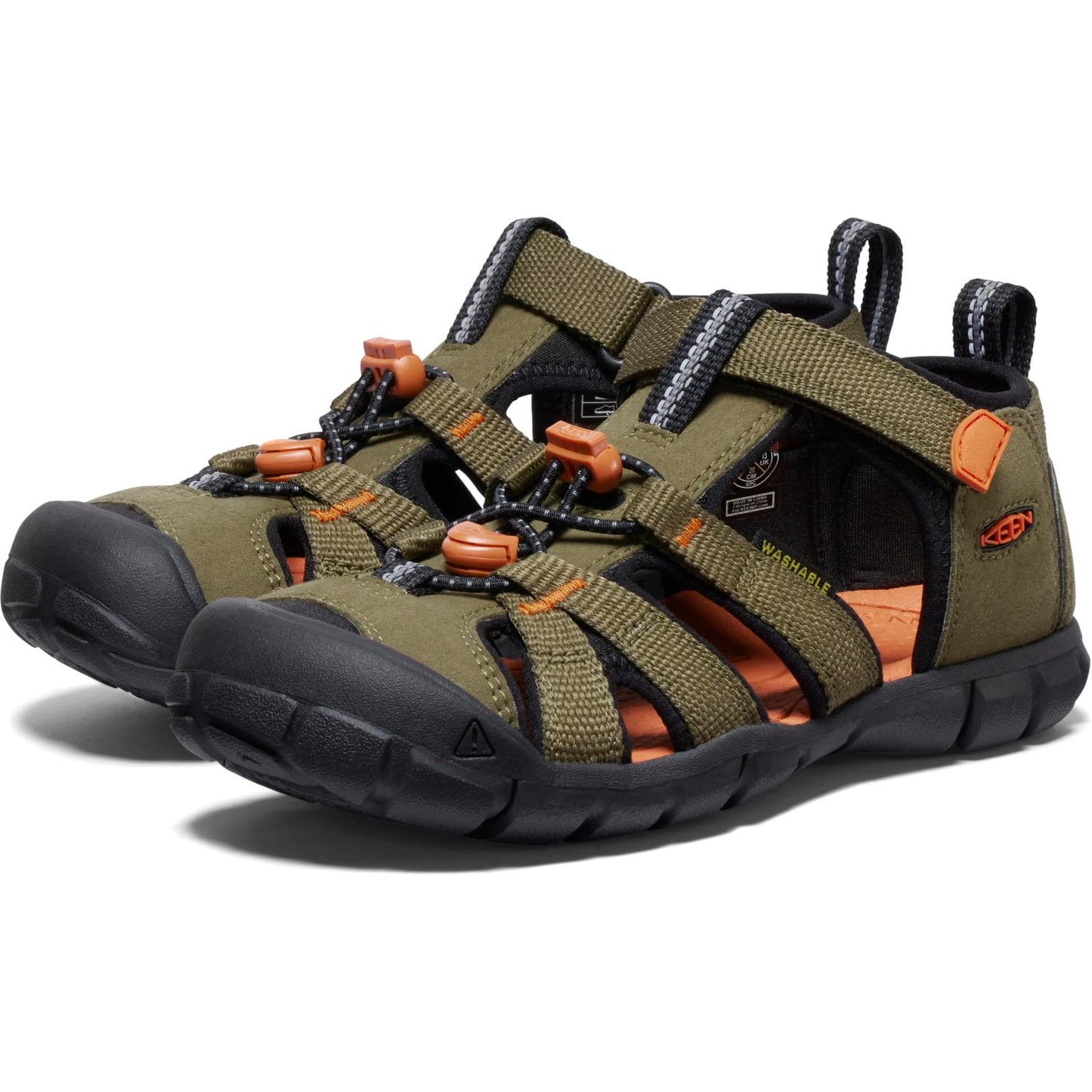 KEEN Unisex-Child-Seacamp 2 CNX Closed Toe Sandals, Dark Olive/Gold Flame, 4 US Big Kid