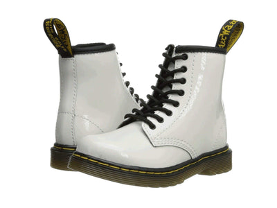 Dr. Martens Kids Collection 1460 Boots, White Patent Lamper, 10 US
