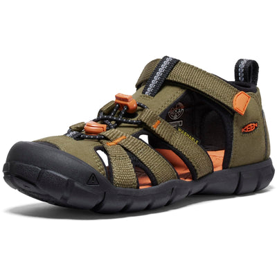 KEEN Unisex-Child-Seacamp 2 CNX Closed Toe Sandals, Dark Olive/Gold Flame, 4 US Big Kid