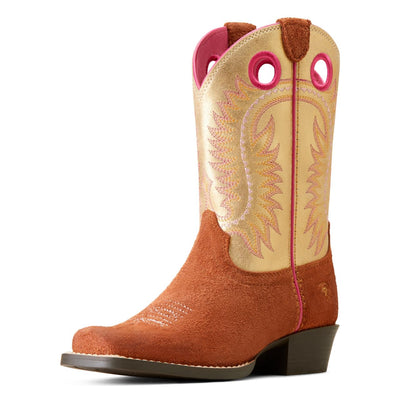 ARIAT Unisex-Kids Derby Monroe Western Boot - Terracotta Roughout/Royal Gold Metallic, 4.5 Medium