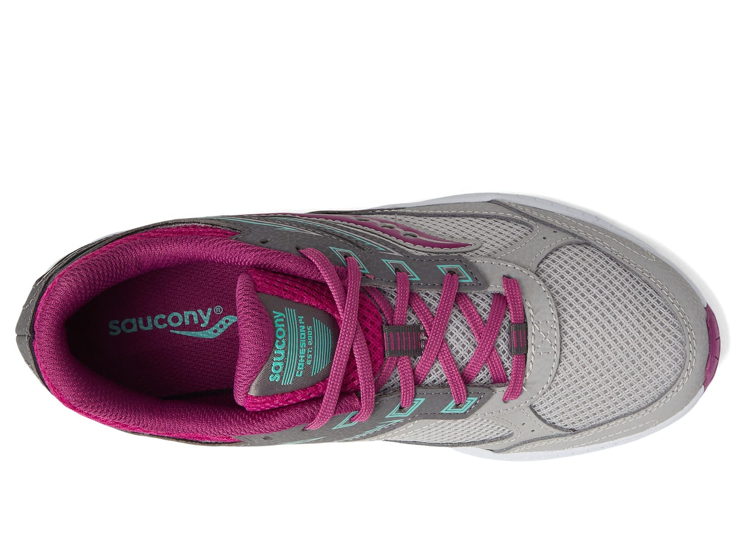 Saucony Cohesion 14 Lace to Toe Running Shoe, Grey/Magenta/Turq, 1.5 US Unisex Big Kid