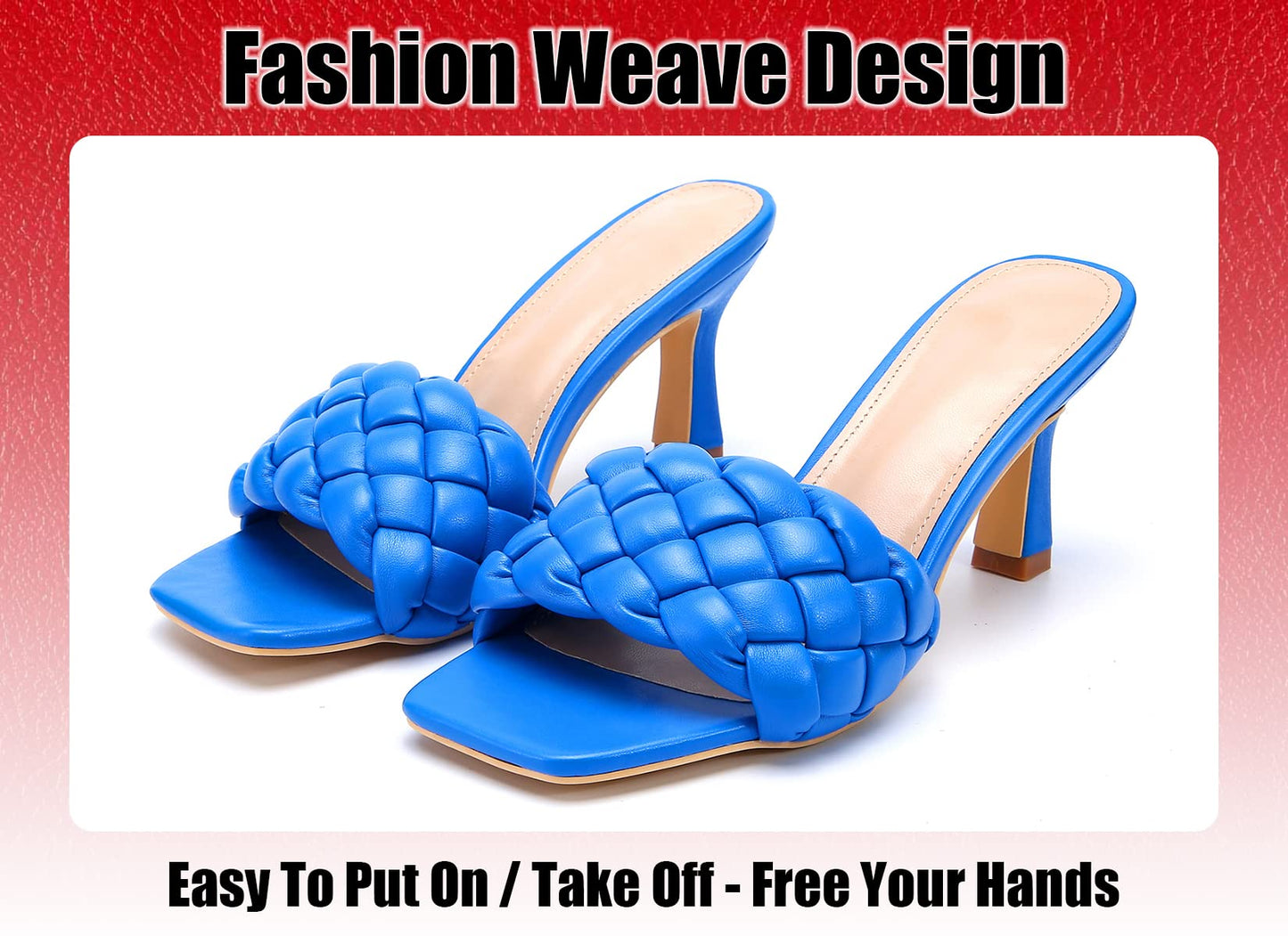 Braided Sandals For Women Heeled Sandals Slip On Stiletto Heels Slides Casual Shoes Square Toe Backless Chunky Woven Leather Strappy Dress Pumps Mules Summer Party Beach Non-Slip Xi Blue 6