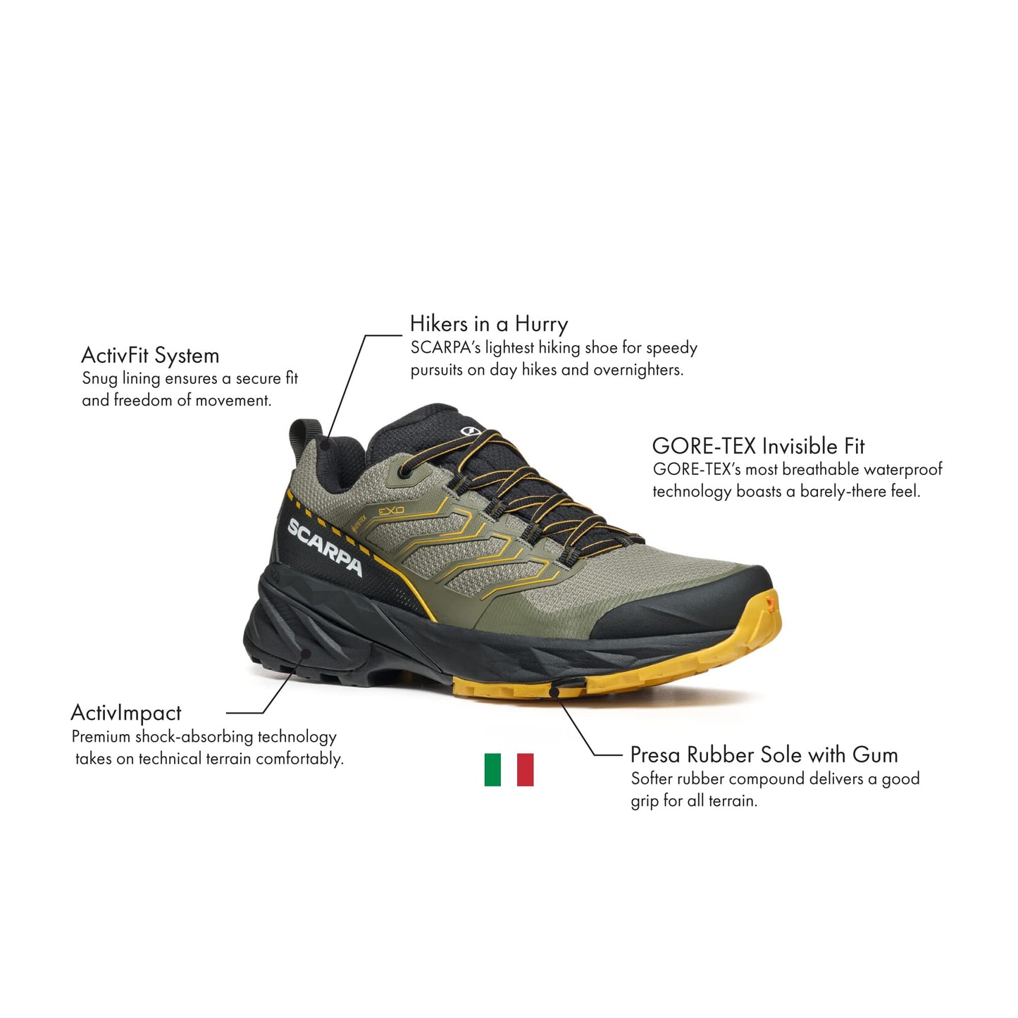 SCARPA Men's Rush 2 GTX Waterproof Gore-Tex Shoes for Hiking - Moss/Sulphur - 11.5 Women/10.5 Men